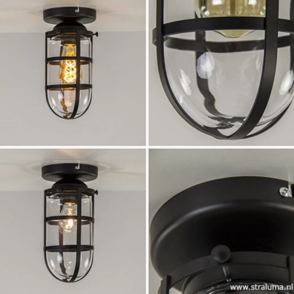 Straluma Zwarte Kooi- plafondlamp met glas> Kooilampen|Woonkamerlampen